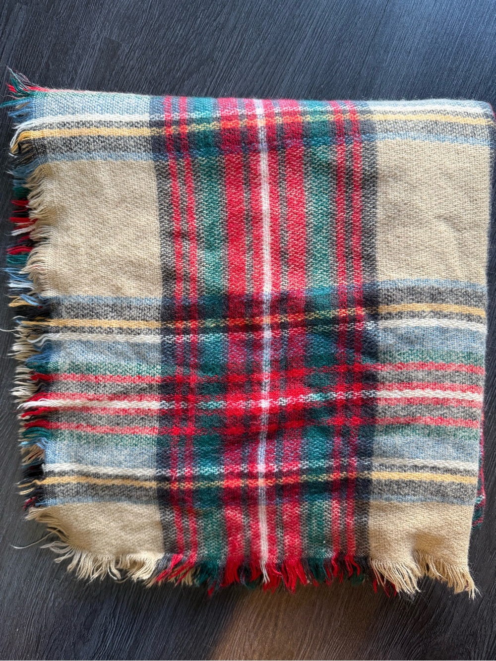 Cozy Plaid Wool-Blend Blanket Scarf in Red, Green & Beige